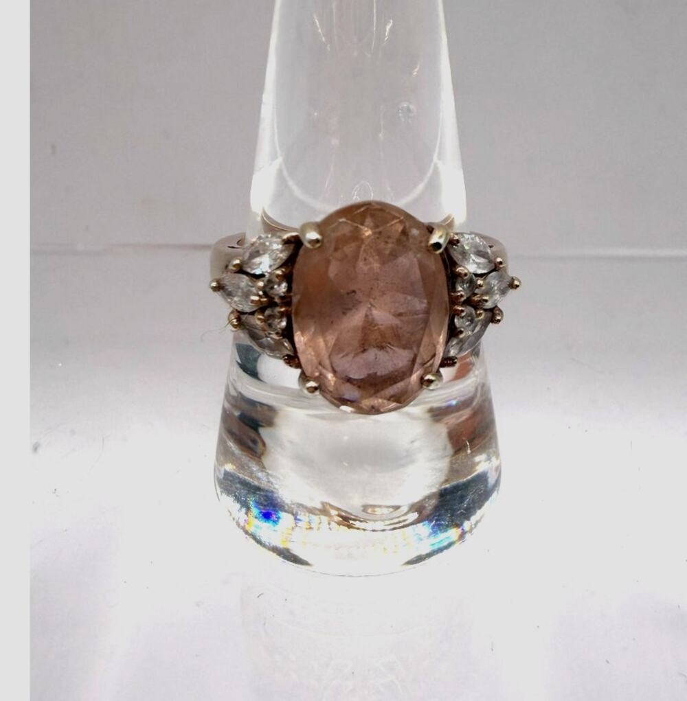 Signed BBJ 925 Rose Gold Plated Peach Stone & Rhinestone Ring-Sz 9